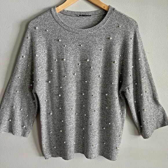 Zara Gray Pearl Embellished Knit Sweater Top Women’s Size S Minimalist Chic - Picture 1 of 7